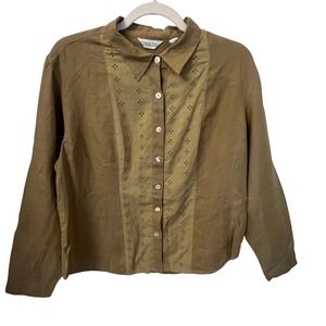 Citron Bleu NWT 100% Linen Eyelet Button Up Shirt Olive Green Women's Large